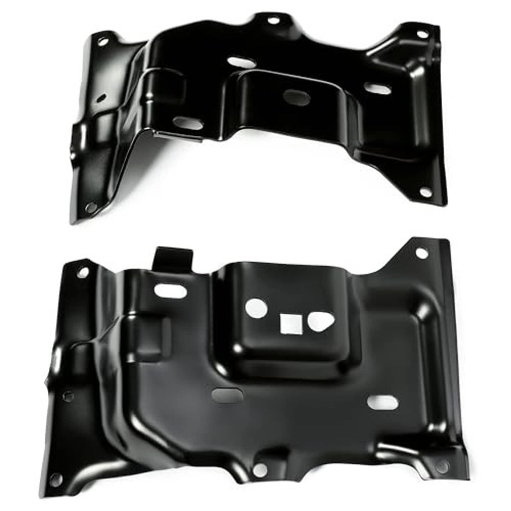 Two black front bumper brackets with curved support arms and mounting holes
