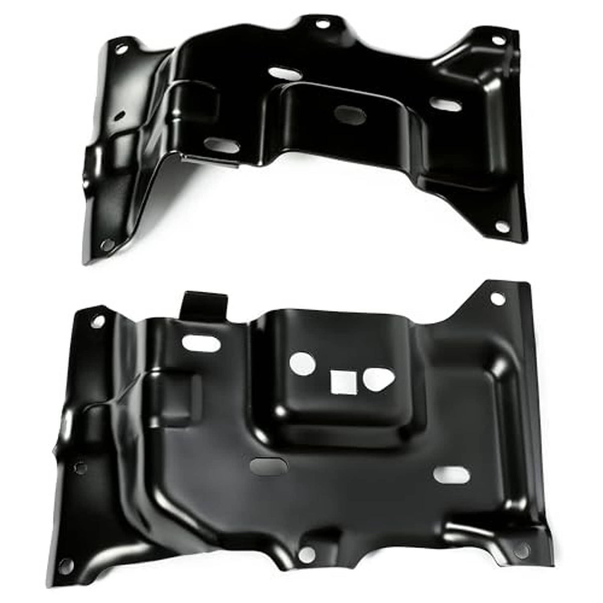 Two black front bumper brackets with curved support arms and mounting holes