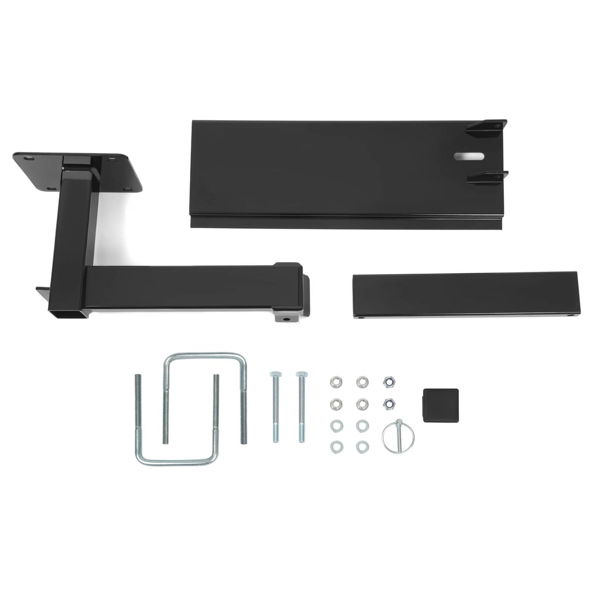 Black bumper-mounted swing arm assembly kit with brackets, hardware, and straps