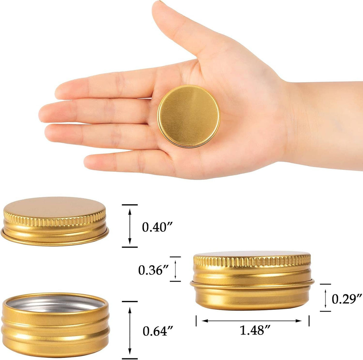 Small gold screw-top aluminum tin held in a hand, round lid facing up