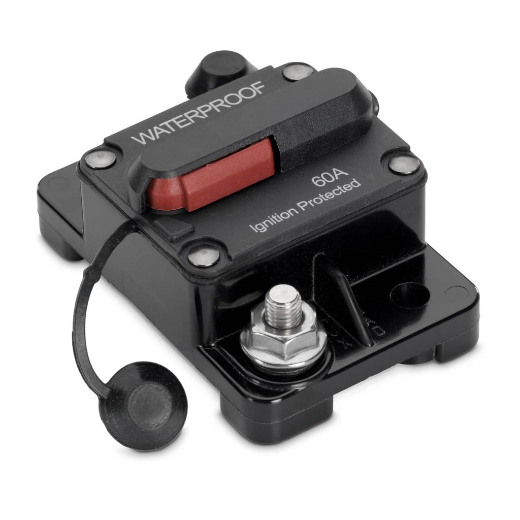 Waterproof marine circuit breaker with red 60A lever, black housing, and battery stud