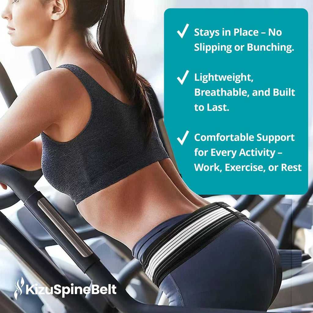 Black compression back belt with white stripe accents, worn during exercise on a bench