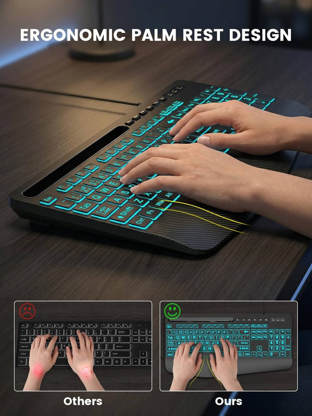 Black ergonomic wired keyboard with blue backlight and palm-rest design