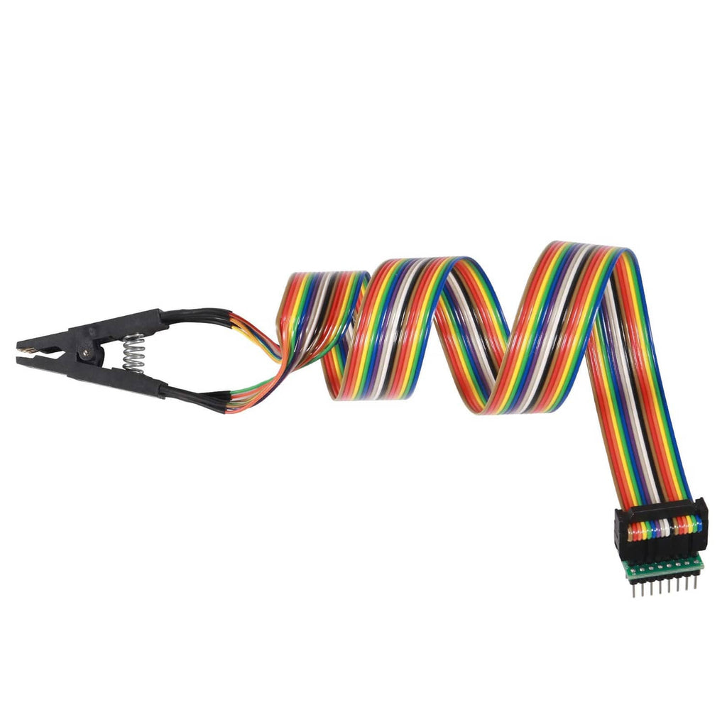 SOIC 16 test clip with rainbow coiled ribbon cable and 8-pin connector