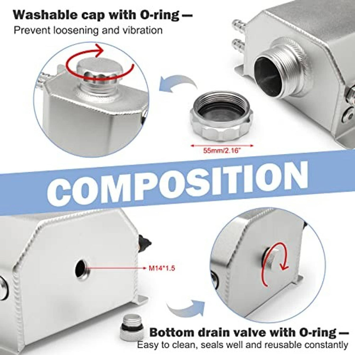 Silver coolant overflow tank with threaded cap opening and bottom drain valve