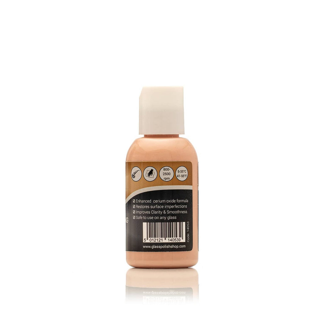 GP-PRO glass polishing compound bottle, rear label with icons and barcode