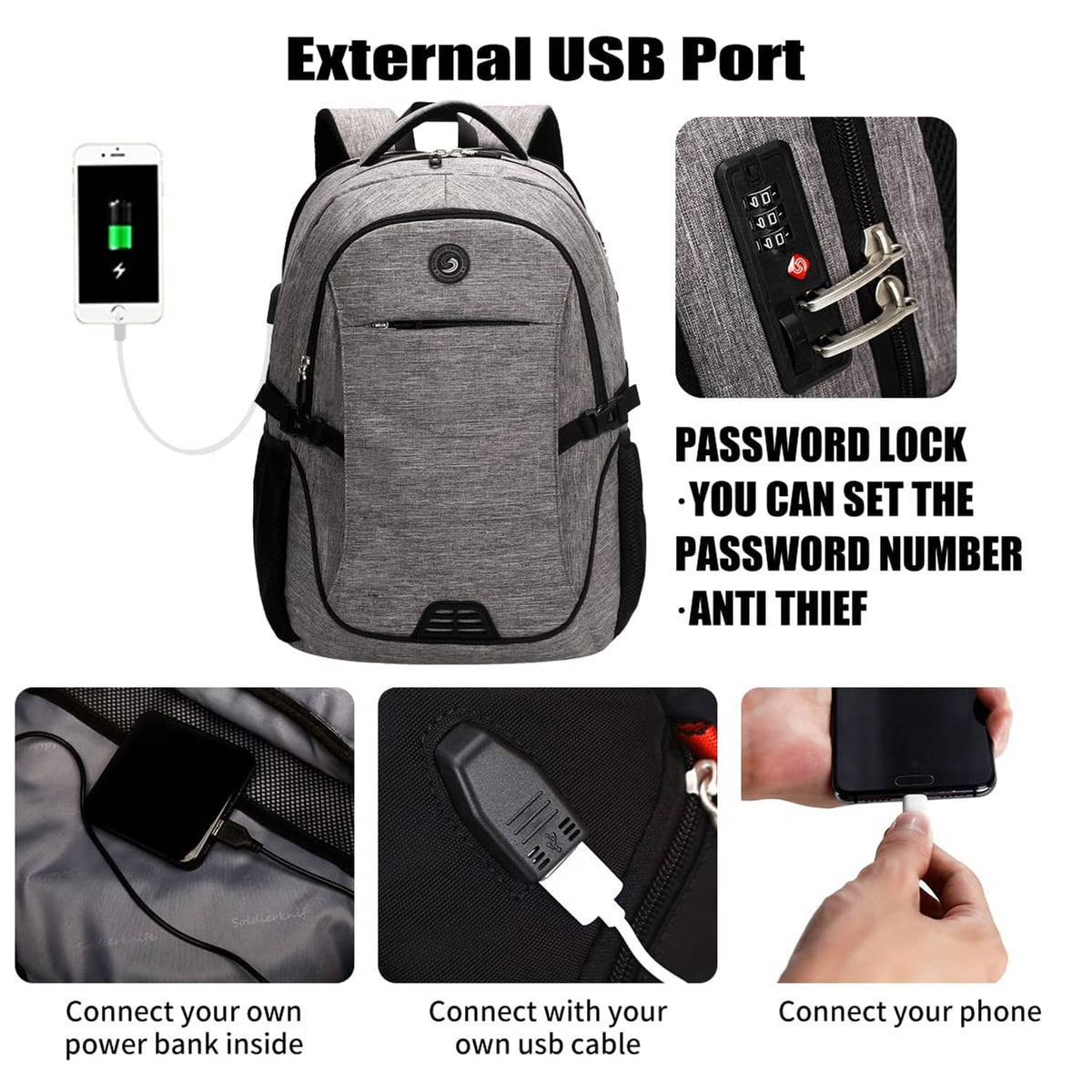 Gray anti-theft laptop backpack with external USB port and password lock on zipper.