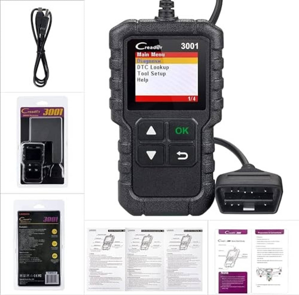 Launch Creader 3001 handheld OBD2 scanner with display and OBD cable
