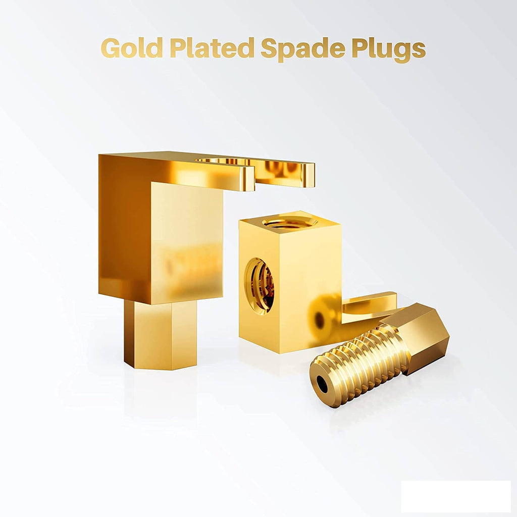 Gold plated spade plug connector set with threaded male post and fork terminal