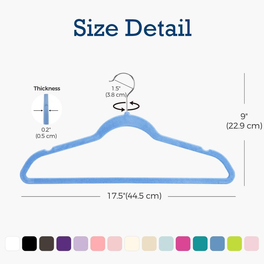 Blue velvet hanger size outline with metal hook, thickness and width shown