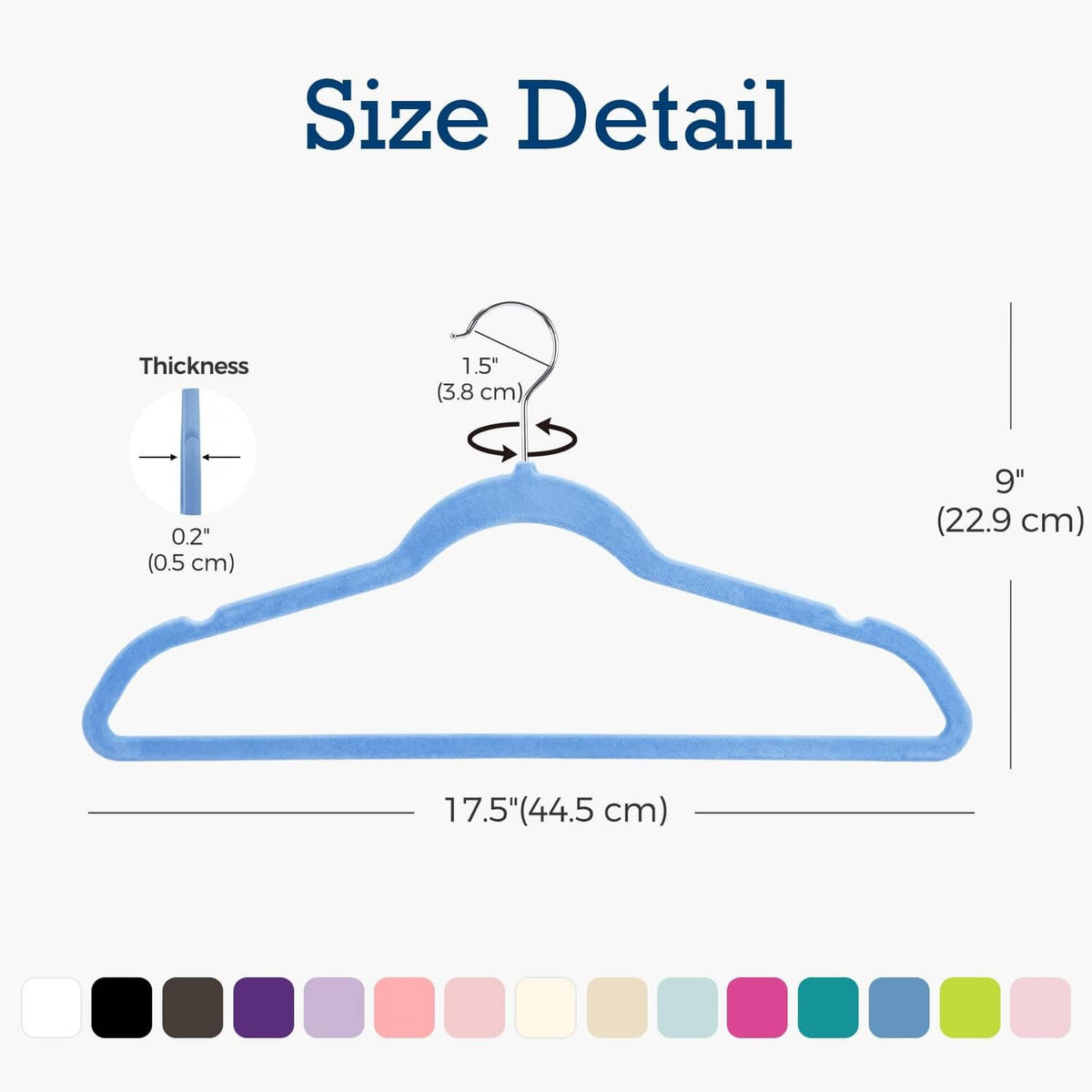 Blue velvet hanger size outline with metal hook, thickness and width shown