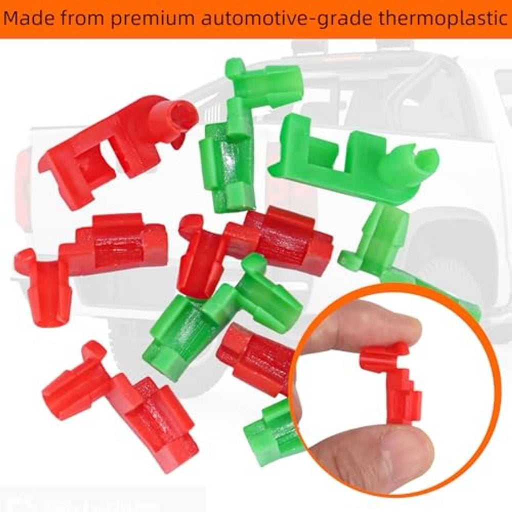 Automotive-grade thermoplastic tailgate latch rod clips in green and red