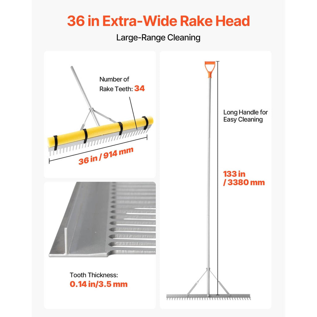 36-in extra-wide rake head with 34 teeth, long aluminum handle, orange end grip