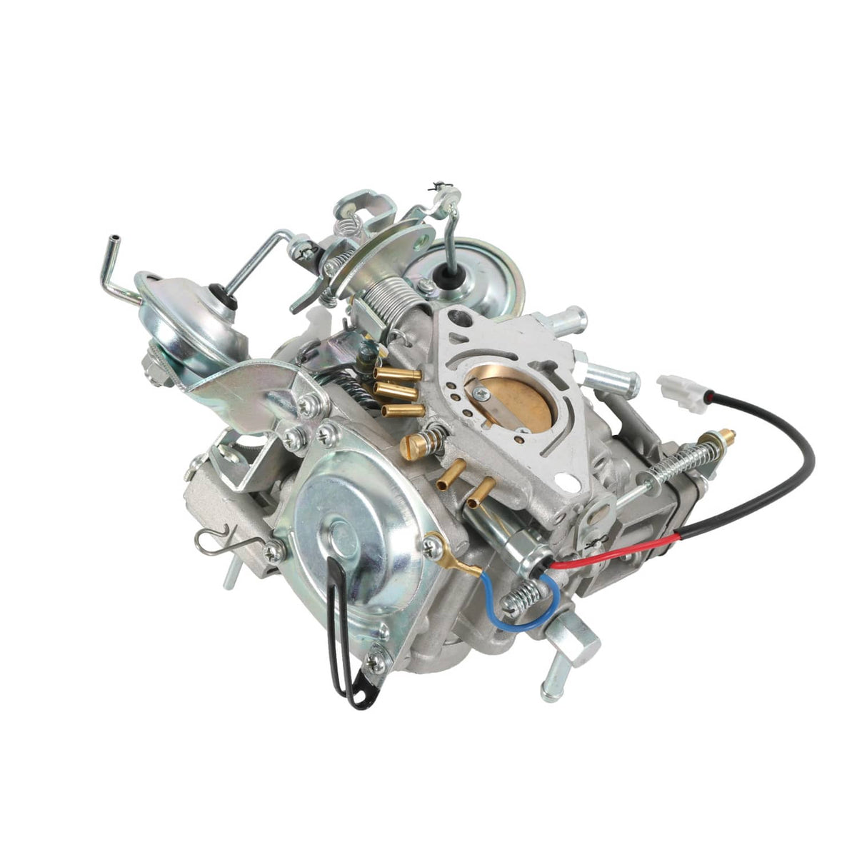 Carburetor assembly with visible springs and linkages, silver housing and black hoses