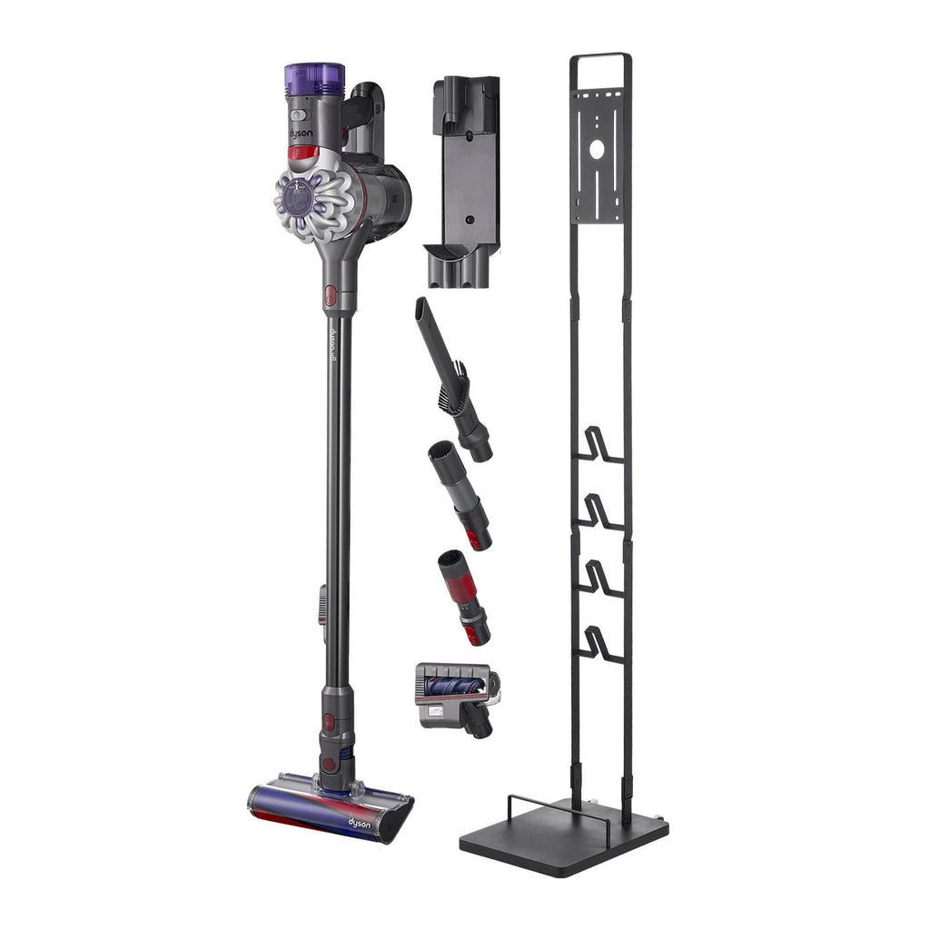 Vacuum stand kit with tall black frame, square base, and accessory holder parts