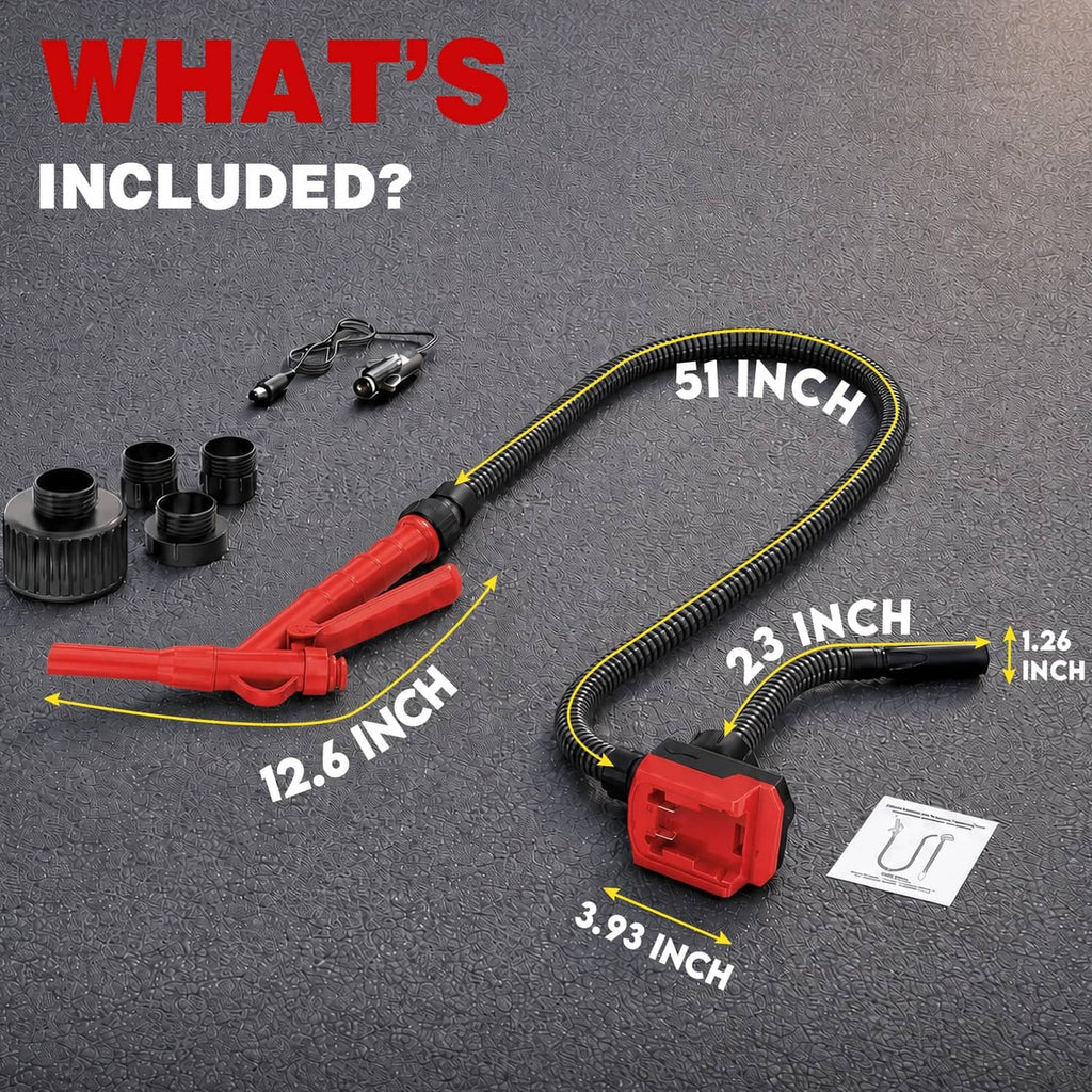Fuel transfer pump kit with 51-inch hose, red nozzle, and included adapters