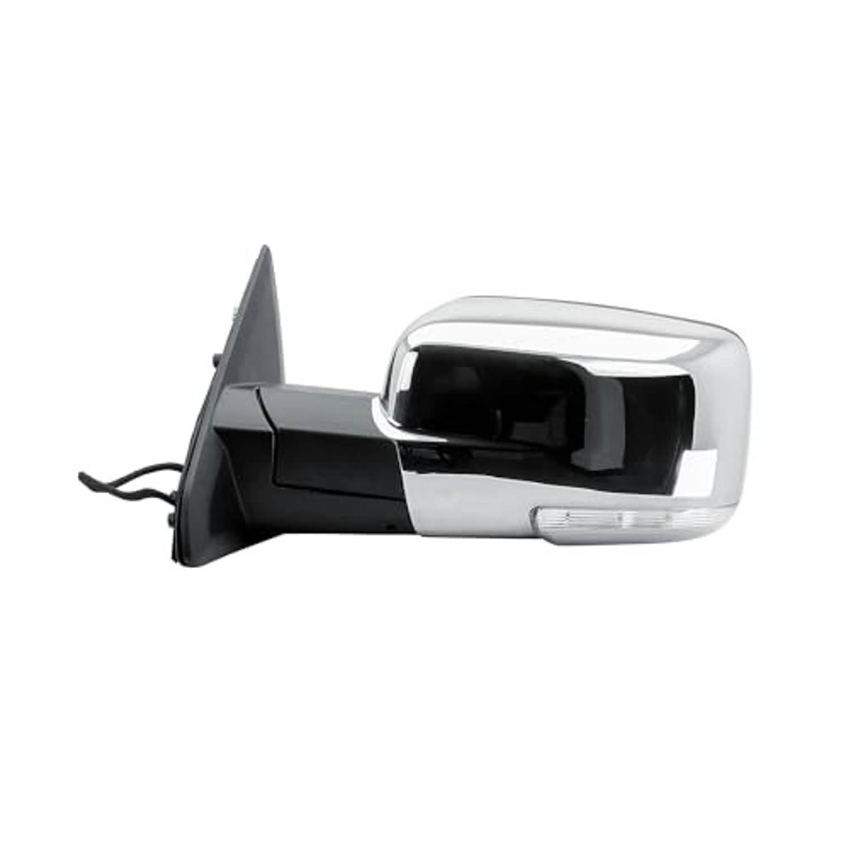 Driver-side electric door mirror with chrome housing and black glass window