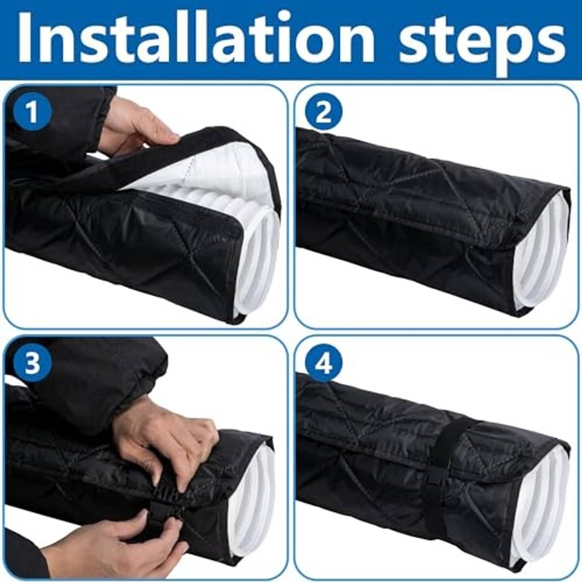 Black quilted AC hose cover being installed over a white corrugated exhaust hose