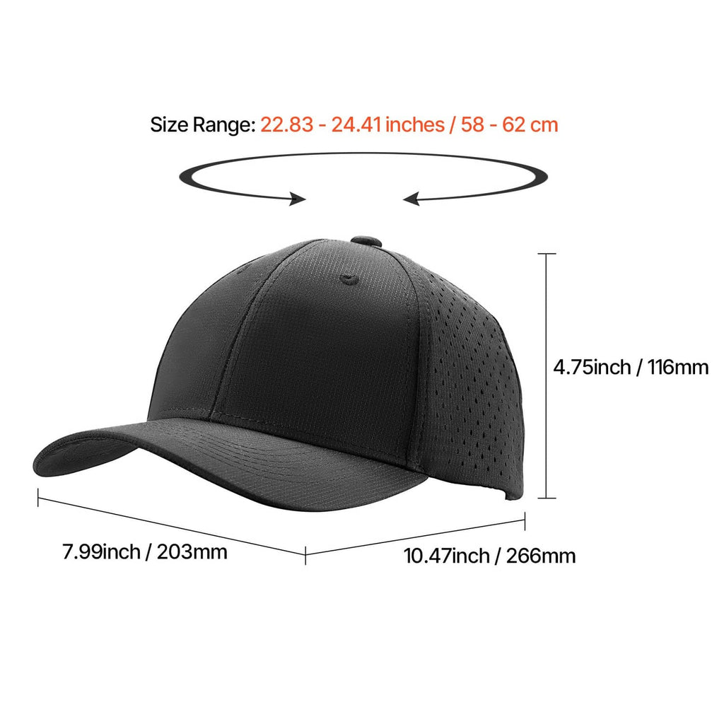 Black baseball cap with curved brim and perforated side panels, low-profile fit