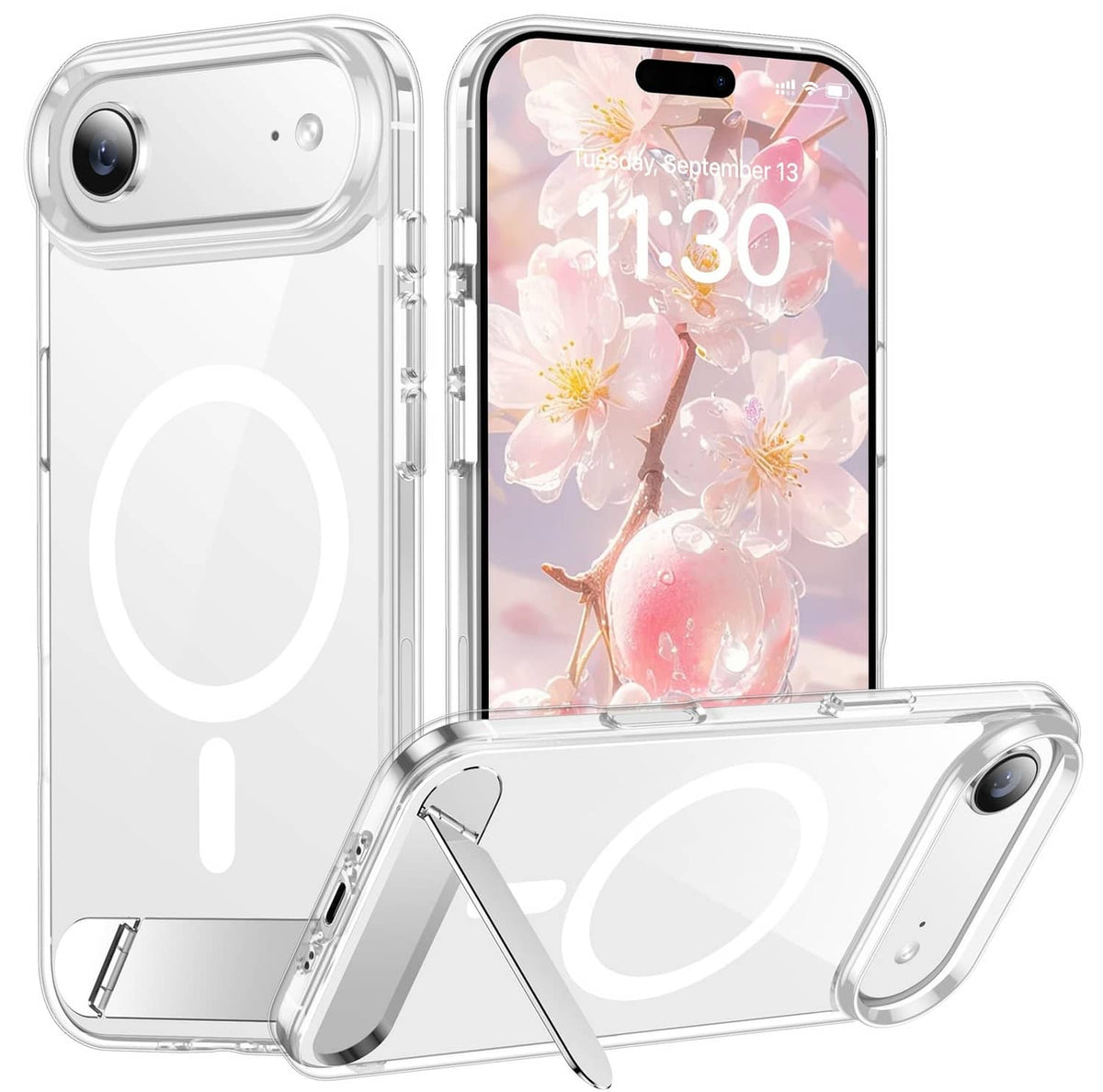 Clear iPhone Air phone case with built-in stand, transparent back and silver frame