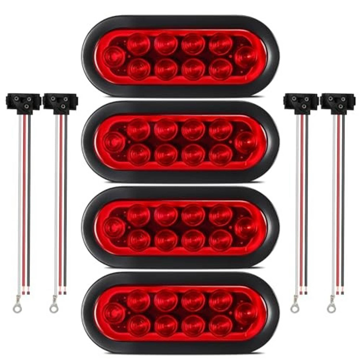 Four oval red LED trailer lights with black housings and clear lens fronts