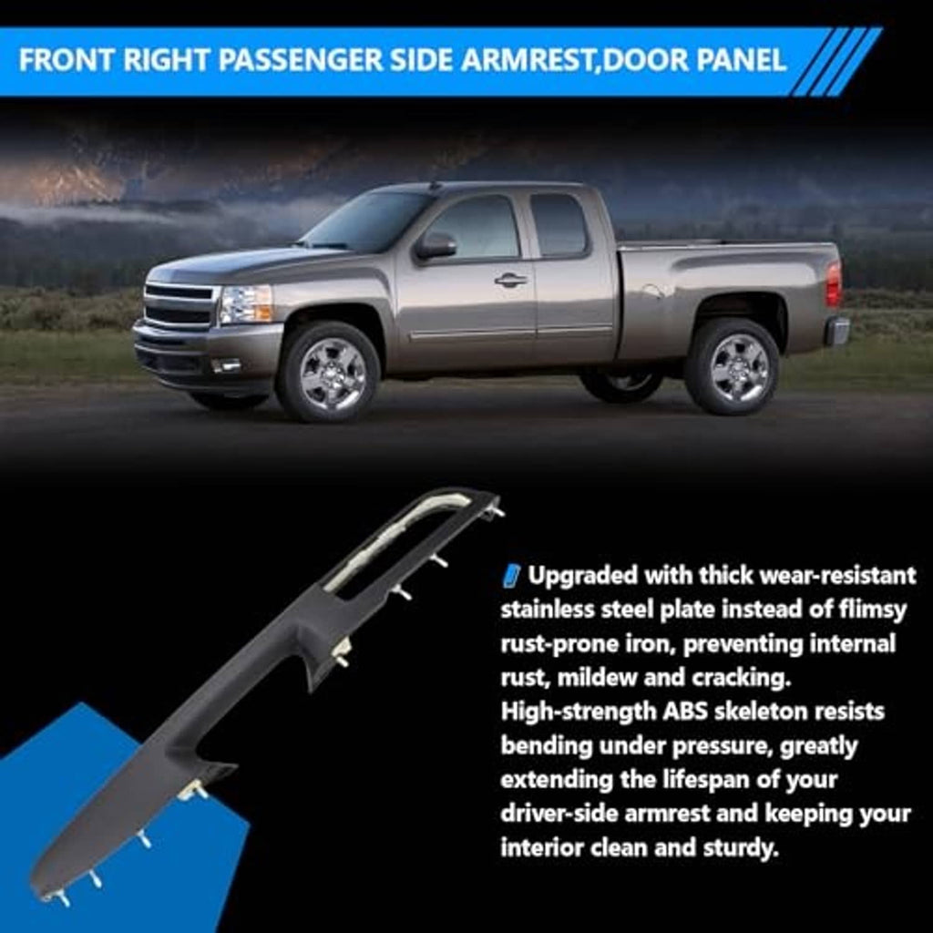 Front right door armrest panel with mounting hardware kit in black, durable finish