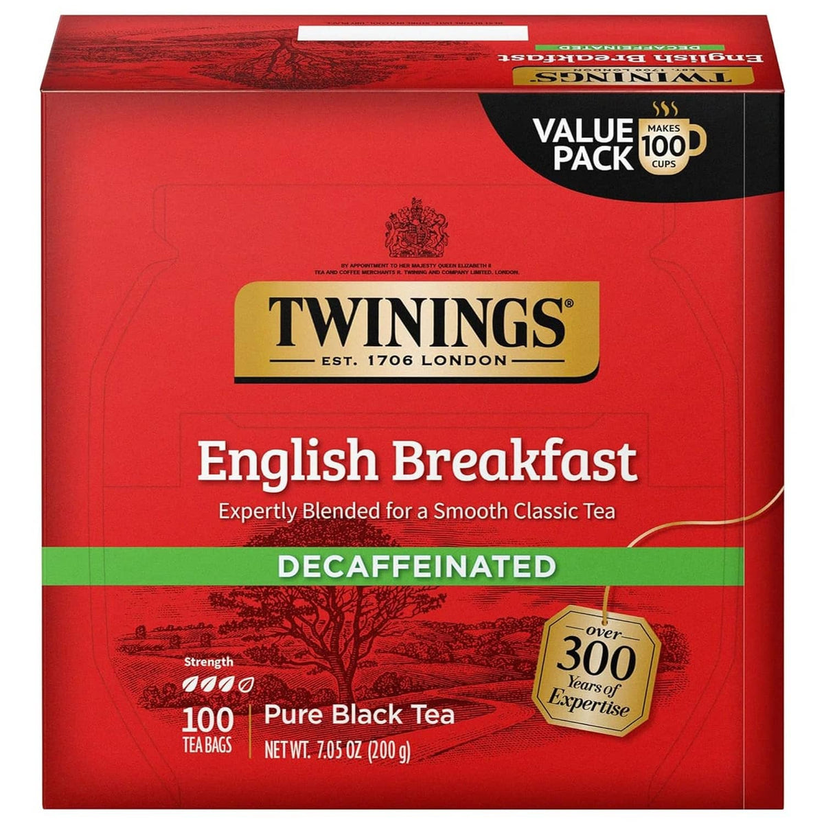 Twinings decaffeinated English Breakfast tea box, 100 pure black teabags