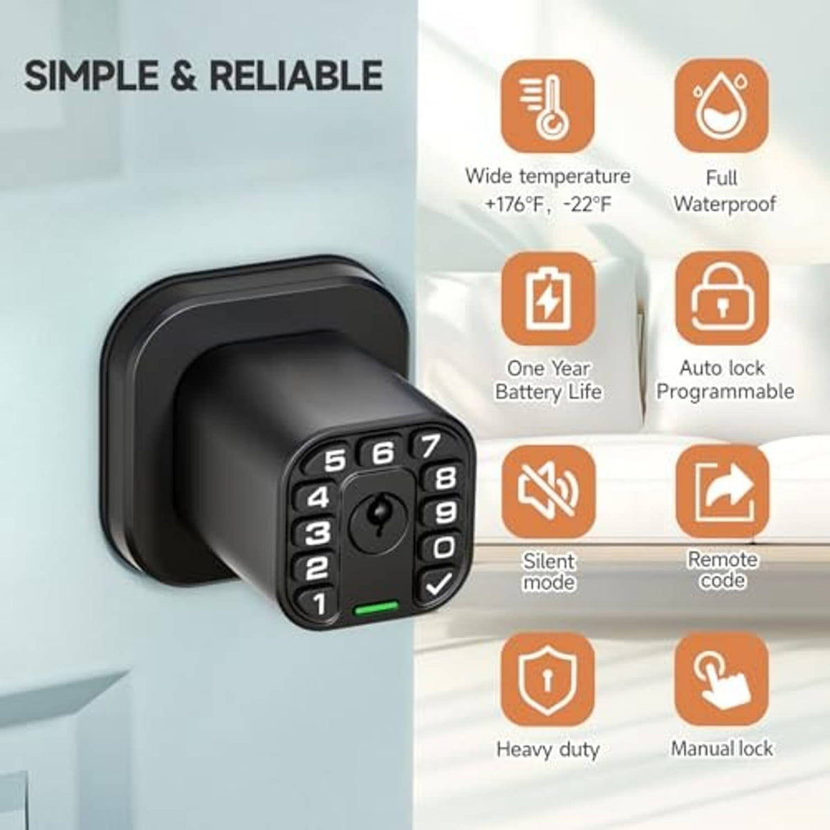 Matte black square keypad door lock on door with thumbturn and latch hardware