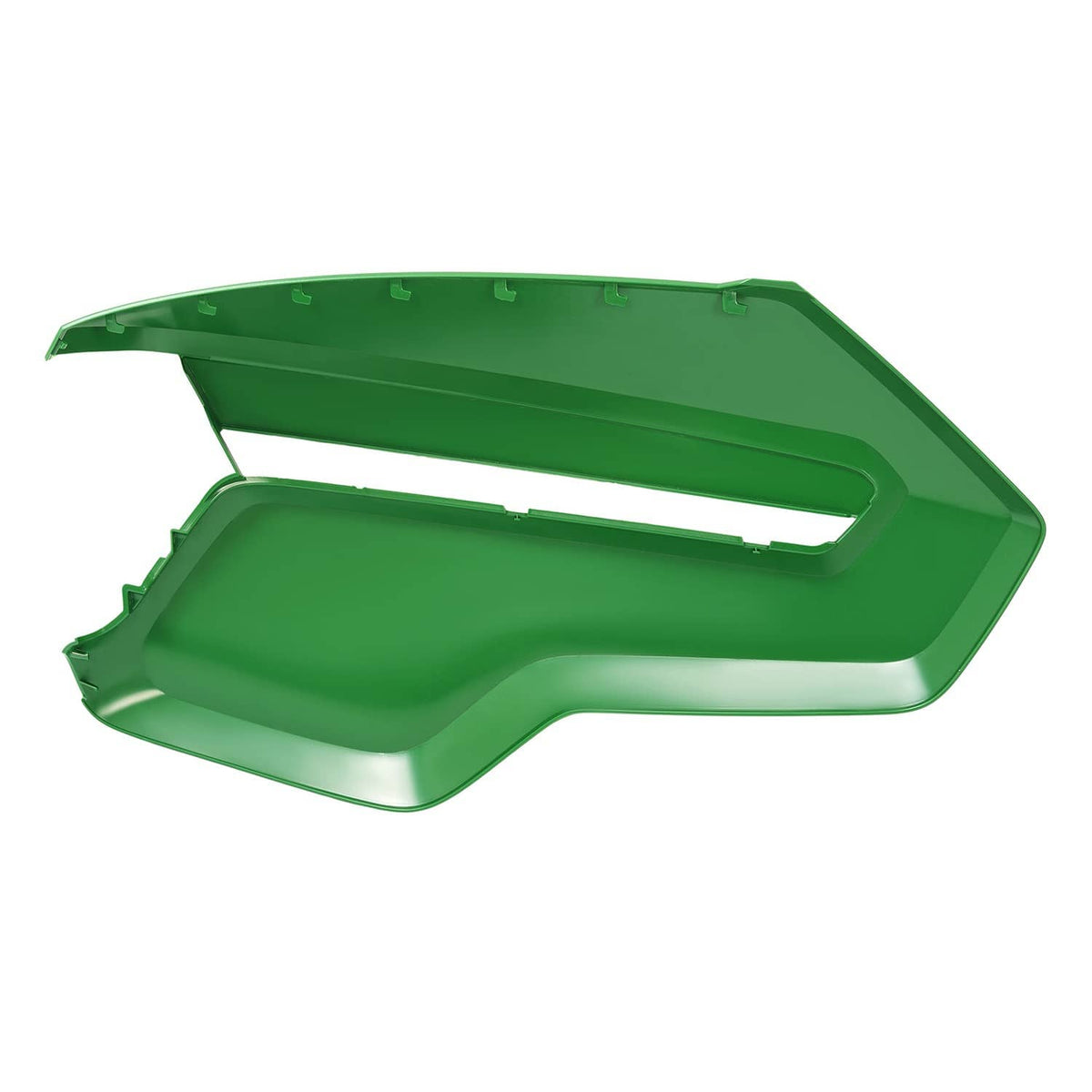 John Deere green right hood panel, underside view with open channels and tabs
