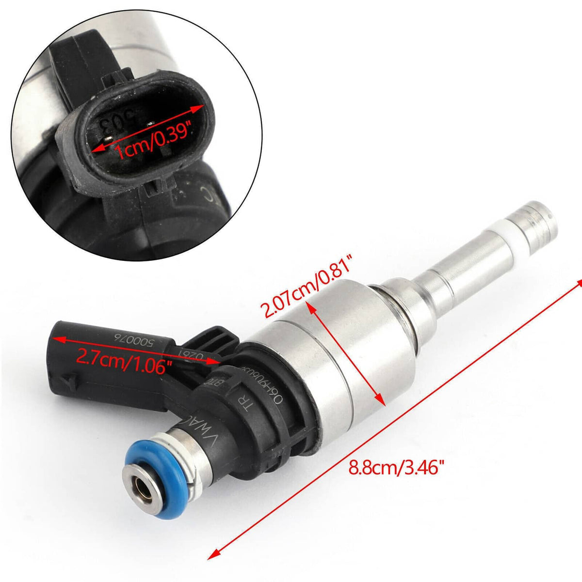 Fuel injector with silver body, black connector, and blue-ring seal