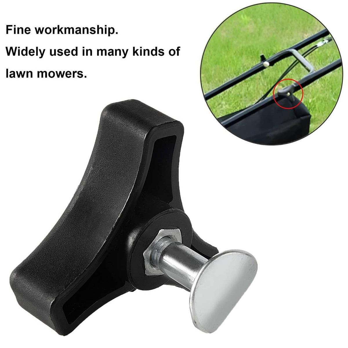 Black triangular handle knob with silver bolt head and threaded post