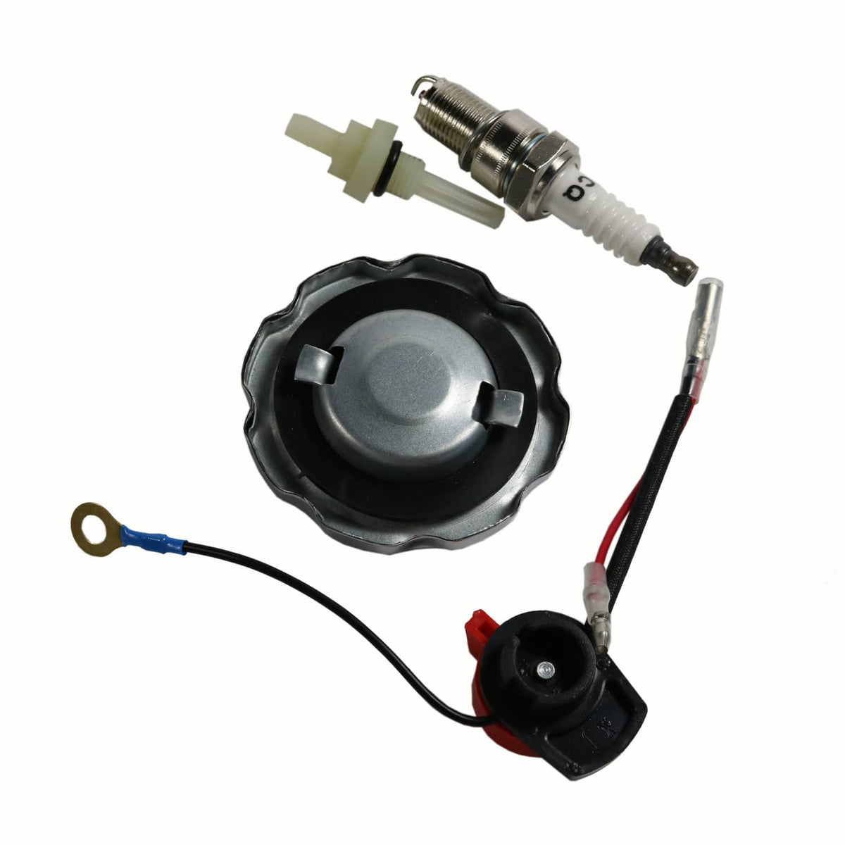 Small engine ignition set with spark plug, cap, and black/red wire leads