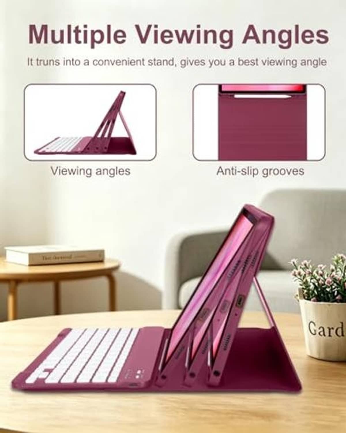 Wine red tablet case with folding stand and built-in keyboard deck