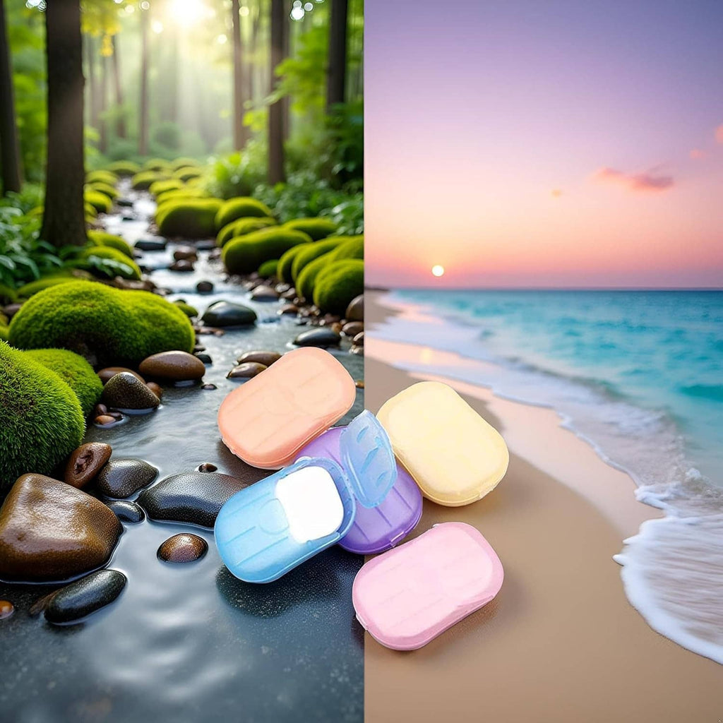 Pastel soap paper bars in orange, yellow, blue, purple, and pink on wet stones