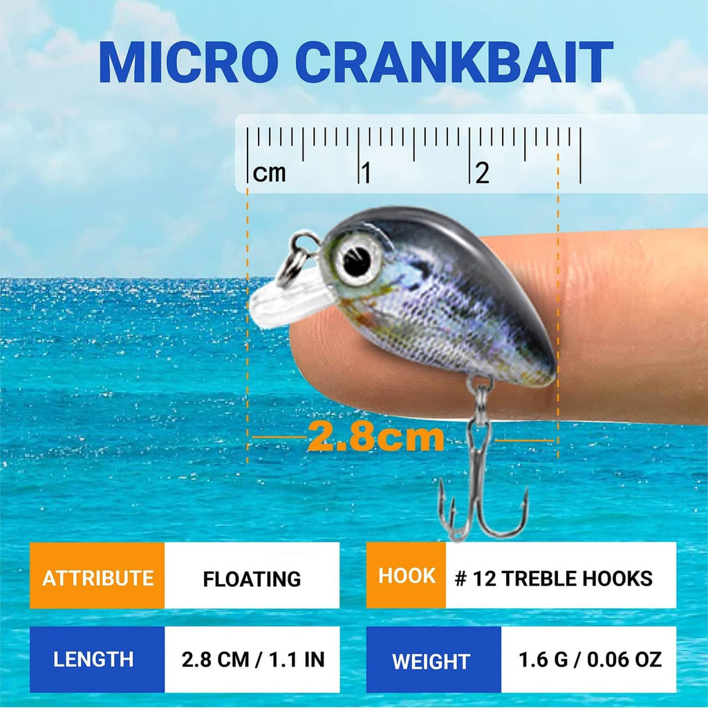 Micro crankbait lure, dark blue-silver minnow body with front lip and treble hook