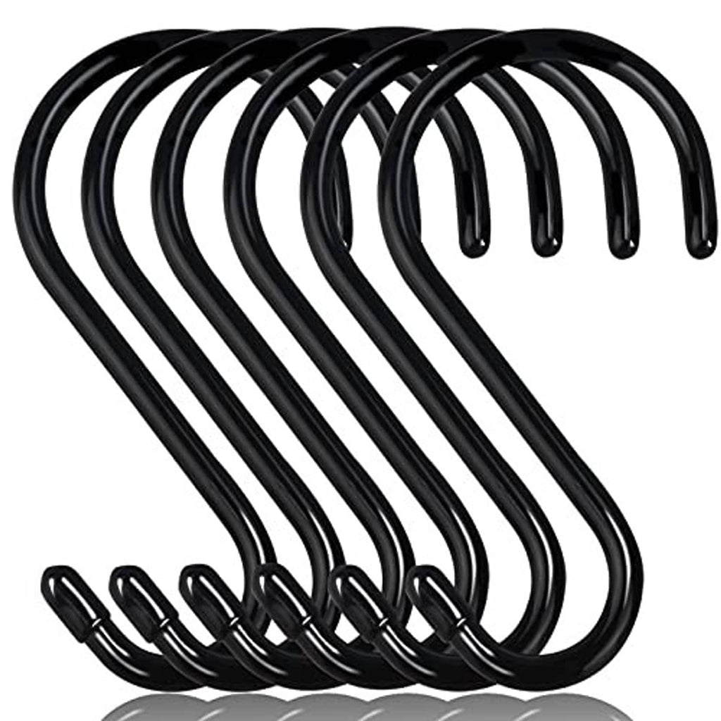 Black 6-inch S hooks pack with curved ends for hanging, heavy duty metal hooks