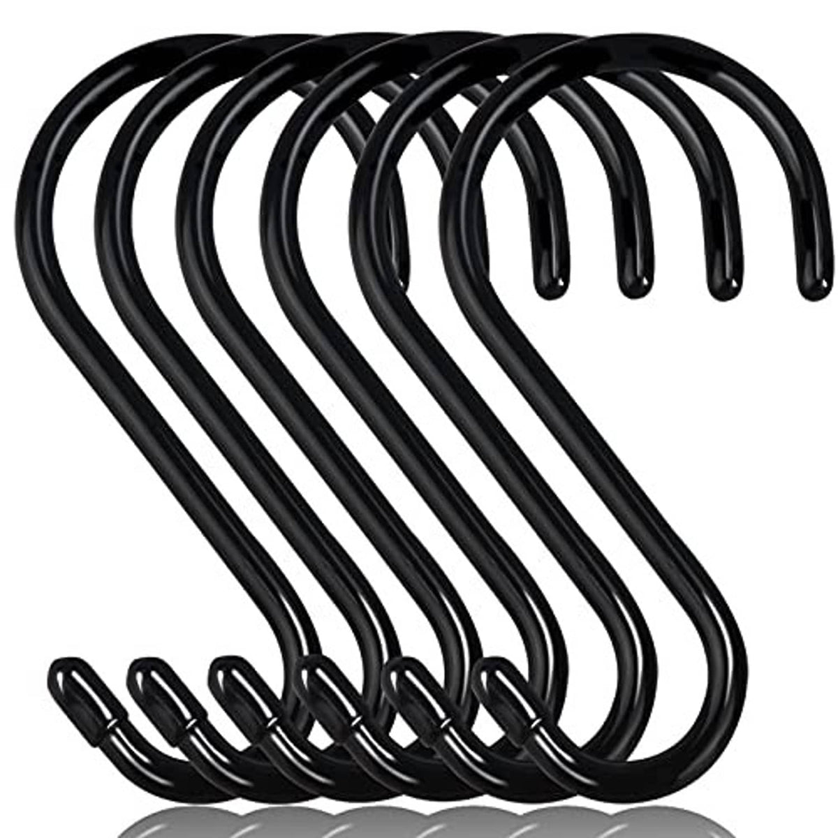 Black 6-inch S hooks pack with curved ends for hanging, heavy duty metal hooks
