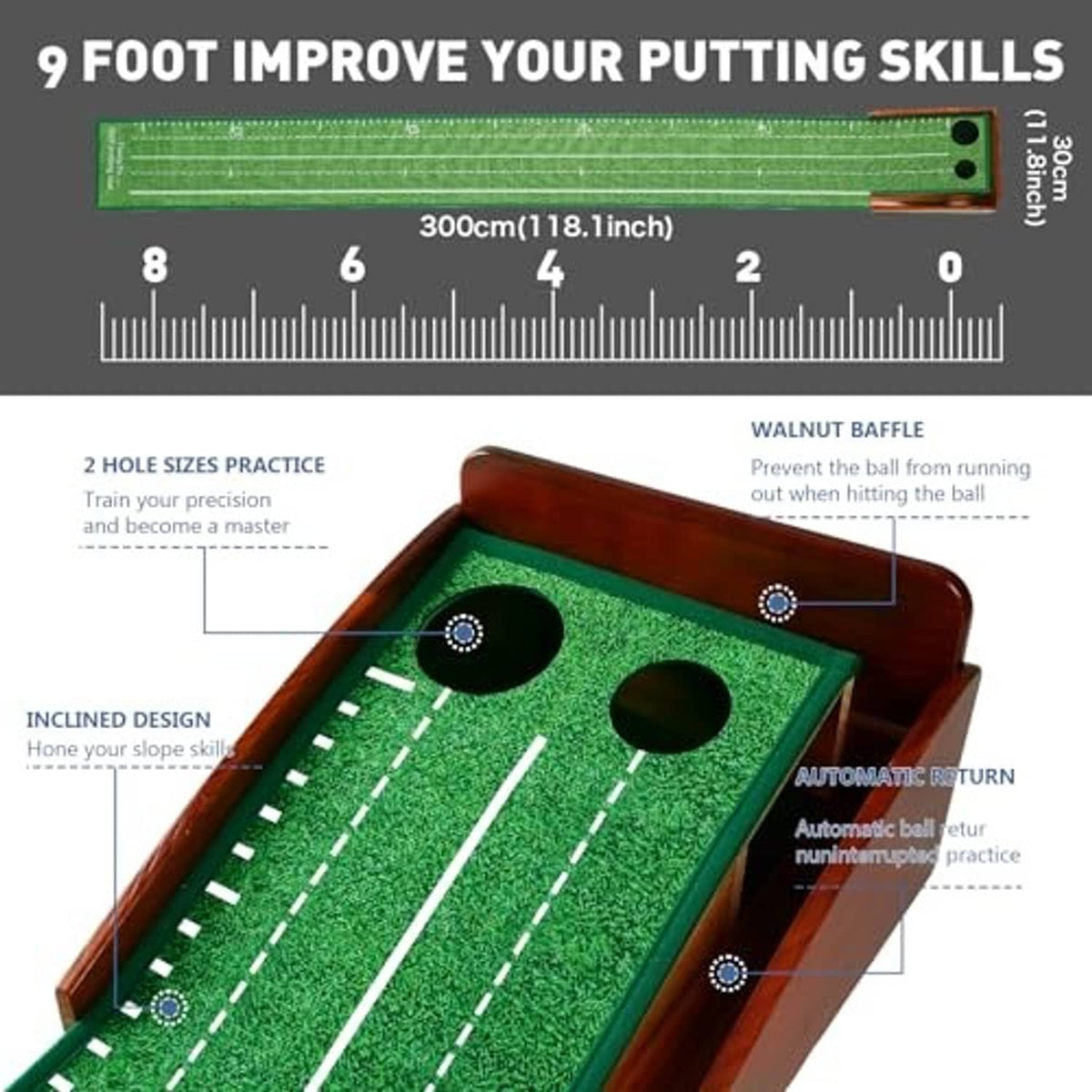Top view of green golf putting mat with wooden frame, two ball holes, and ball return