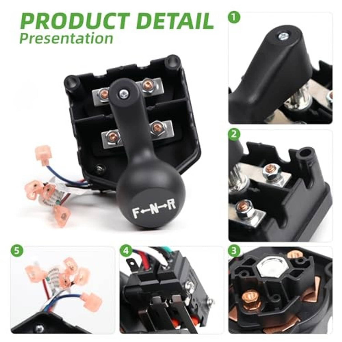 Black gear switch assembly with F-N-R knob and circuit terminals detail