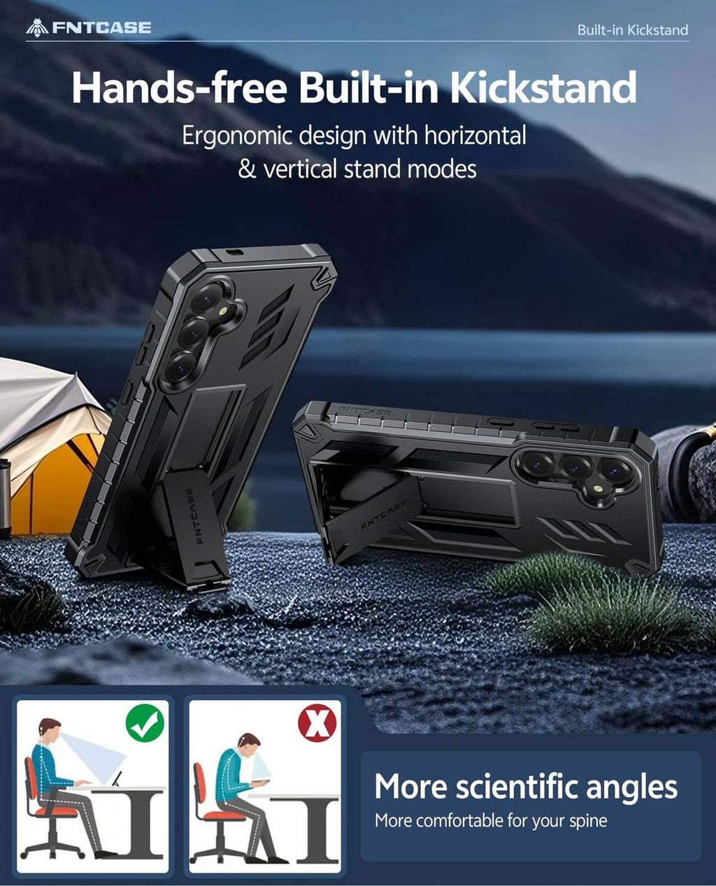 Rugged black Galaxy S25+ case with hands-free built-in kickstand