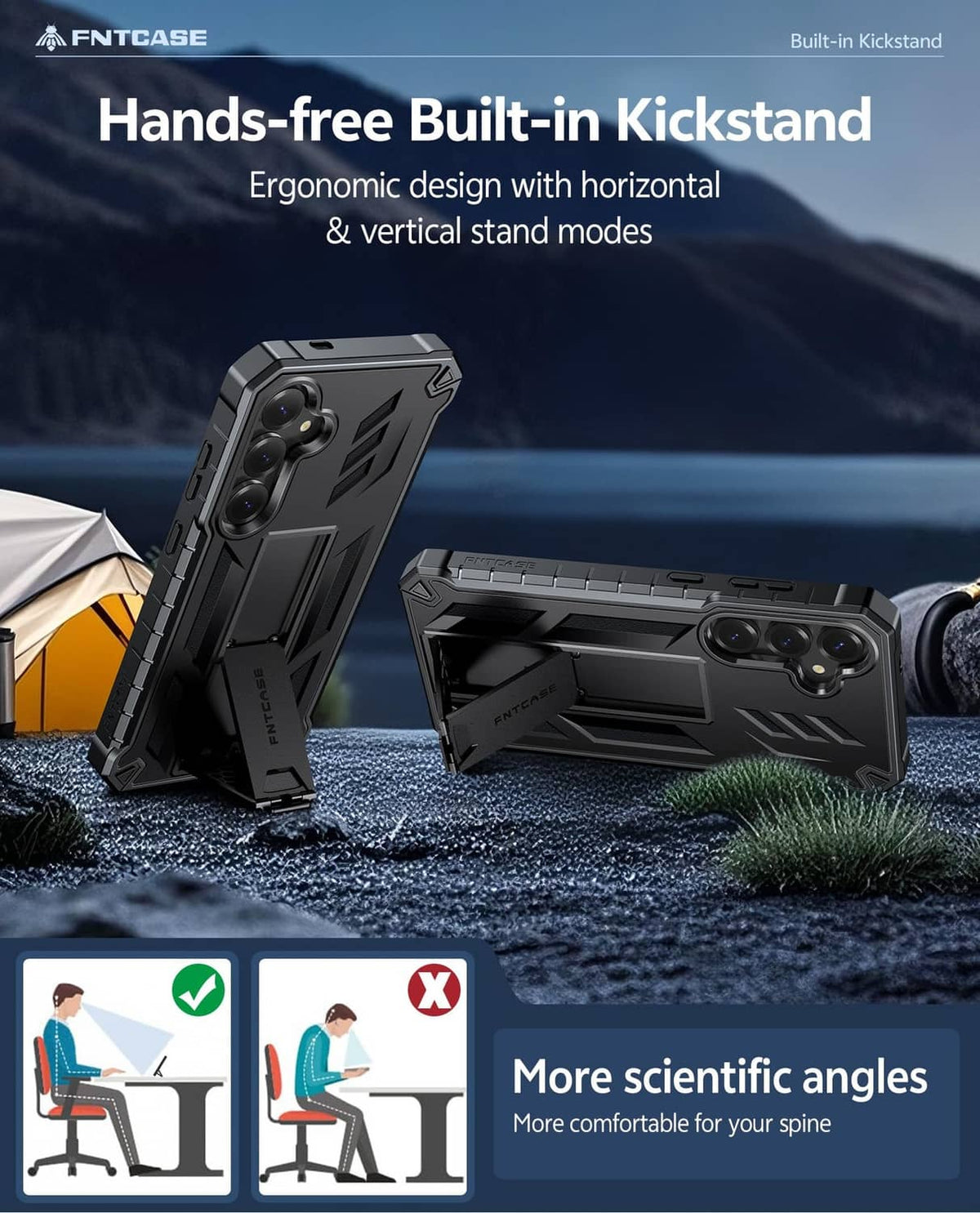 Rugged black Galaxy S25+ case with hands-free built-in kickstand