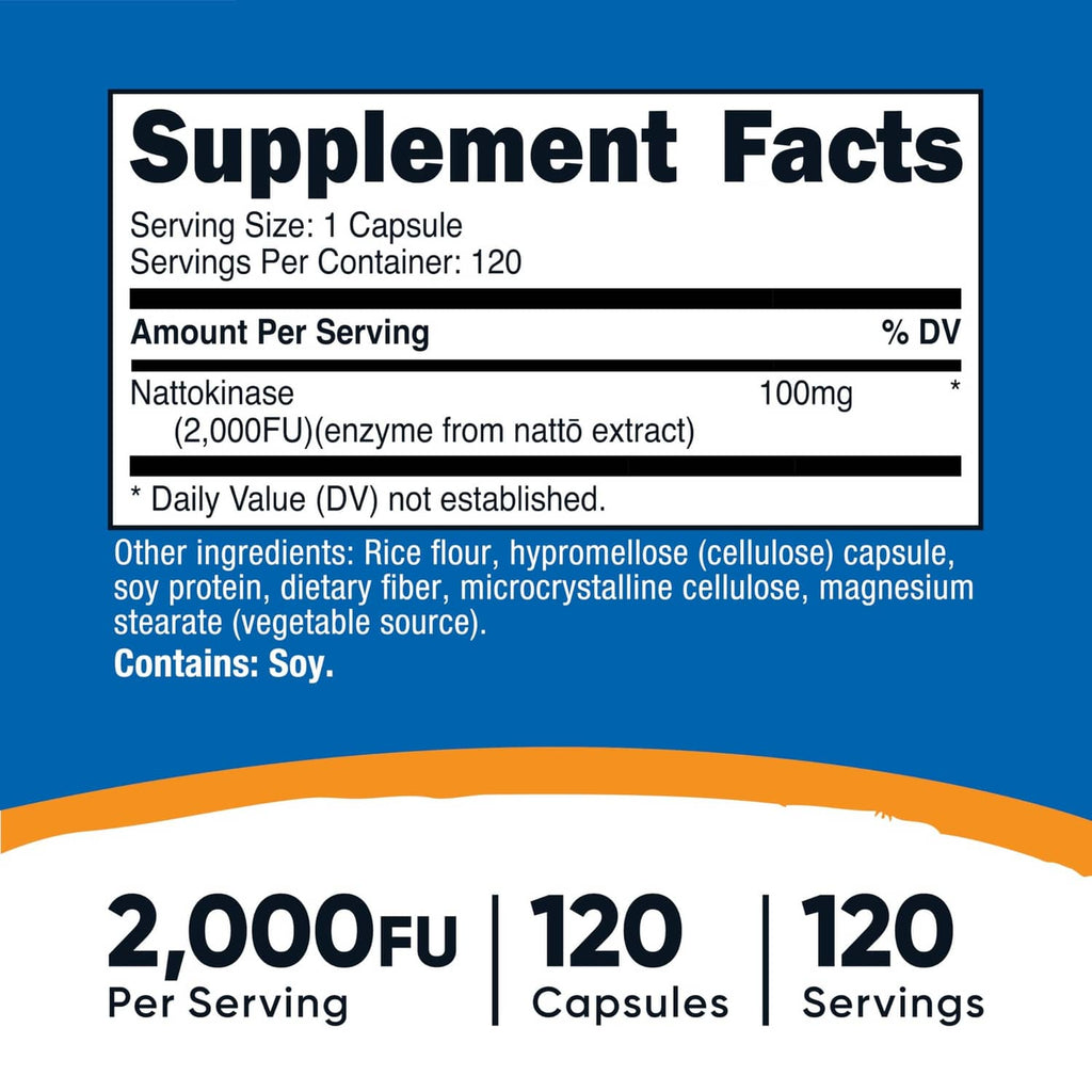 Nutricost Nattokinase supplement facts panel, serving size 1 capsule, 100mg per serving
