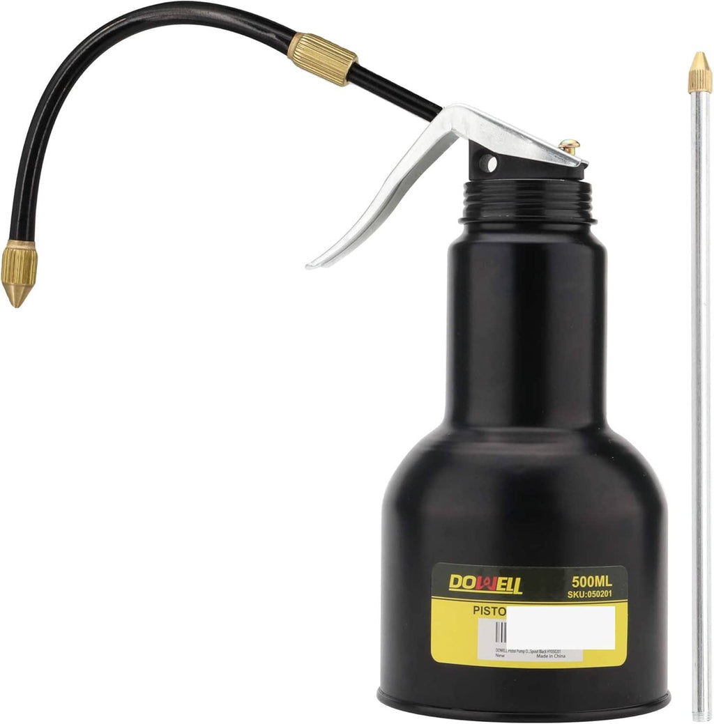 Black metal pistol pump oil can with brass trigger handle and long thin oil spout