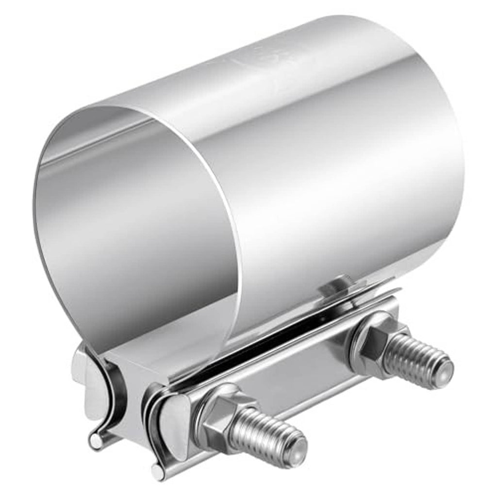 Angled stainless exhaust band clamp sleeve coupler with two bolt screws, silver
