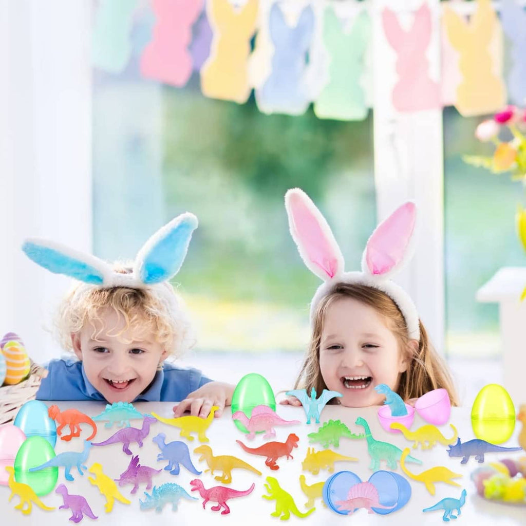Kids playing with dinosaur-filled pastel eggs and colorful dinosaur figures