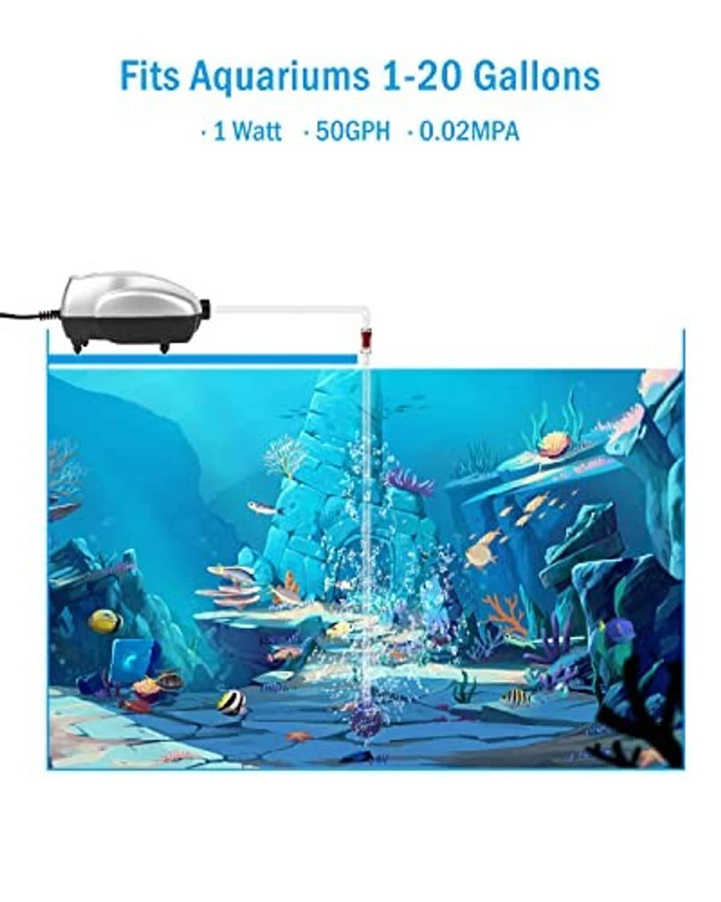 Aquarium air pump aerator kit with pump, tubing, and vertical bubble stream
