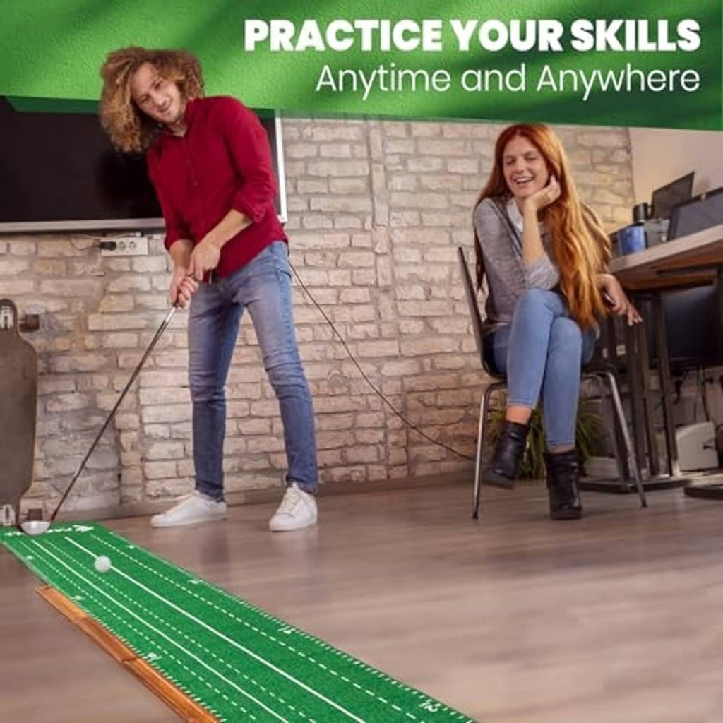 Golf putting green mat with white guide lines and wooden cup housing for practice