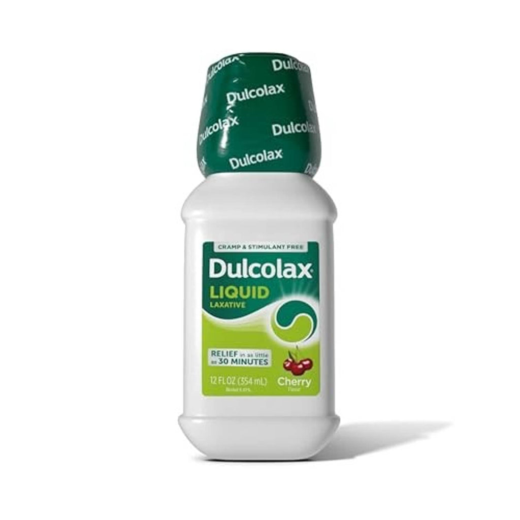 Dulcolax Liquid saline laxative bottle with green cap, cherry flavor, 12 fl oz (354 mL)