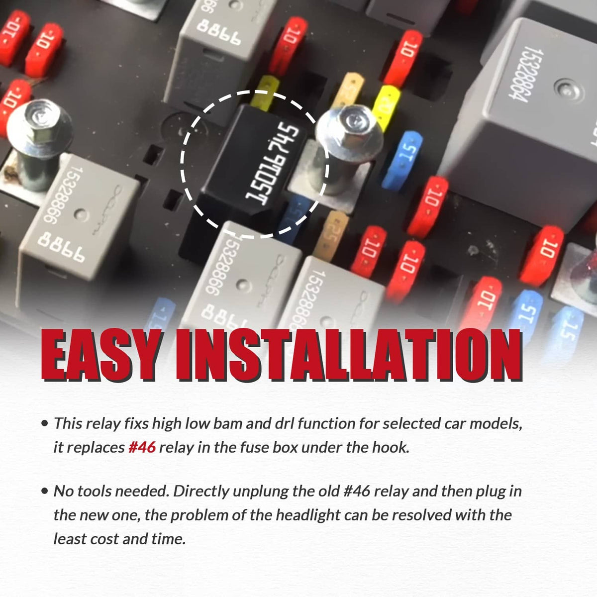 Multi-purpose relay on a fuse and switch panel with red and blue indicator caps