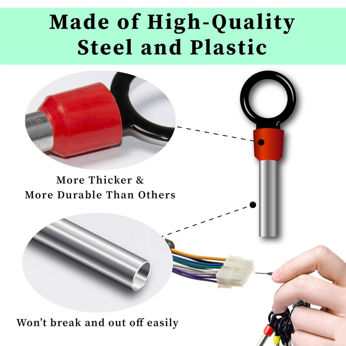 Terminal pin removal extractor tool with red handle and metal shaft, single-piece design